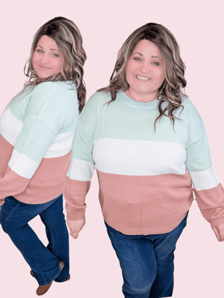 Whitley Colorblock Sweater in Pink, Mint + Ivory-2- Long Sleeve Tops-SEW IN LOVE-Styled by Stacked - A Plus Size Women's Boutique in Lakeville, MN