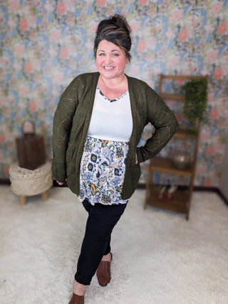 Whitney Textured Knit Spring Weight Cardigan in Olive-4- Overlayer Tops-MICHELLE MAE-Styled by Stacked - A Plus Size Women's Boutique in Lakeville, MN