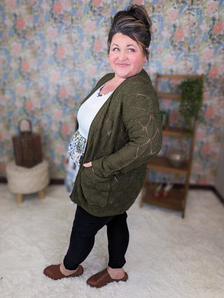 Whitney Textured Knit Spring Weight Cardigan in Olive-4- Overlayer Tops-MICHELLE MAE-Styled by Stacked - A Plus Size Women's Boutique in Lakeville, MN