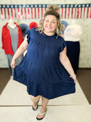 Wilder Tiered Short Sleeve Dress in Navy-11- Dress/Romp/Jump-BE STAGE-Styled by Stacked - A Plus Size Women's Boutique in Lakeville, MN