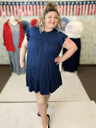 Wilder Tiered Short Sleeve Dress in Navy-11- Dress/Romp/Jump-BE STAGE-Styled by Stacked - A Plus Size Women's Boutique in Lakeville, MN