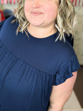 Wilder Tiered Short Sleeve Dress in Navy-11- Dress/Romp/Jump-BE STAGE-Styled by Stacked - A Plus Size Women's Boutique in Lakeville, MN