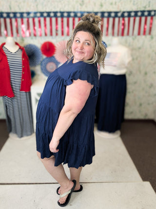 Wilder Tiered Short Sleeve Dress in Navy-11- Dress/Romp/Jump-BE STAGE-Styled by Stacked - A Plus Size Women's Boutique in Lakeville, MN