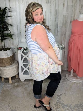 Winona Stripe + Floral Mix Babydoll Tank-1- ShortSlv/Slvless Tops-BE STAGE-Styled by Stacked - A Plus Size Women's Boutique in Lakeville, MN