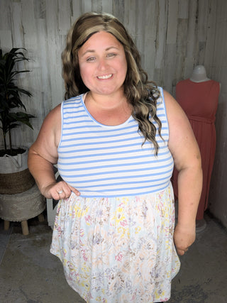 Winona Stripe + Floral Mix Babydoll Tank-1- ShortSlv/Slvless Tops-BE STAGE-Styled by Stacked - A Plus Size Women's Boutique in Lakeville, MN