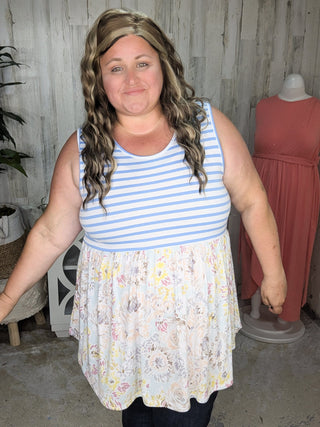 Winona Stripe + Floral Mix Babydoll Tank-1- ShortSlv/Slvless Tops-BE STAGE-Styled by Stacked - A Plus Size Women's Boutique in Lakeville, MN