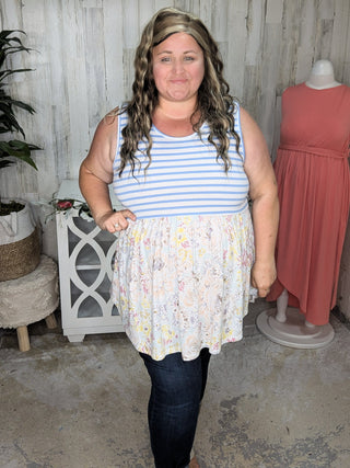 Winona Stripe + Floral Mix Babydoll Tank-1- ShortSlv/Slvless Tops-BE STAGE-Styled by Stacked - A Plus Size Women's Boutique in Lakeville, MN