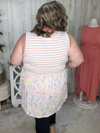 Winona Stripe + Floral Mix Babydoll Tank-1- ShortSlv/Slvless Tops-BE STAGE-Styled by Stacked - A Plus Size Women's Boutique in Lakeville, MN