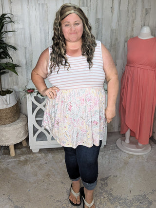 Winona Stripe + Floral Mix Babydoll Tank-1- ShortSlv/Slvless Tops-BE STAGE-Styled by Stacked - A Plus Size Women's Boutique in Lakeville, MN
