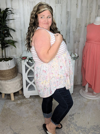 Winona Stripe + Floral Mix Babydoll Tank-1- ShortSlv/Slvless Tops-BE STAGE-Styled by Stacked - A Plus Size Women's Boutique in Lakeville, MN