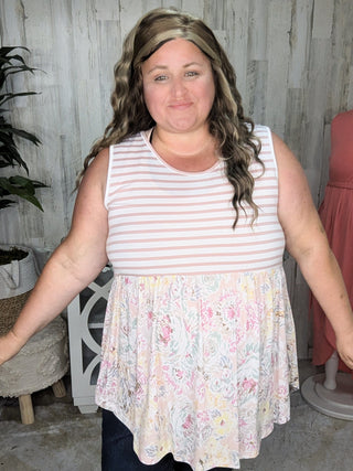 Winona Stripe + Floral Mix Babydoll Tank-1- ShortSlv/Slvless Tops-BE STAGE-Styled by Stacked - A Plus Size Women's Boutique in Lakeville, MN