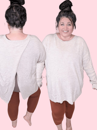 Winslet Cross Back Sweater in Taupe Oatmeal-2- Long Sleeve Tops-WHITE BIRCH-Styled by Stacked - A Plus Size Women's Boutique in Lakeville, MN