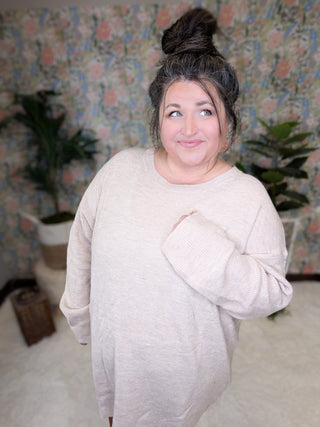 Winslet Cross Back Sweater in Taupe Oatmeal-2- Long Sleeve Tops-WHITE BIRCH-Styled by Stacked - A Plus Size Women's Boutique in Lakeville, MN