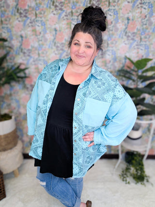 Wren Paisley Print Jacket in Aqua Mint-4- Overlayer Tops-pol-Styled by Stacked - A Plus Size Women's Boutique in Lakeville, MN