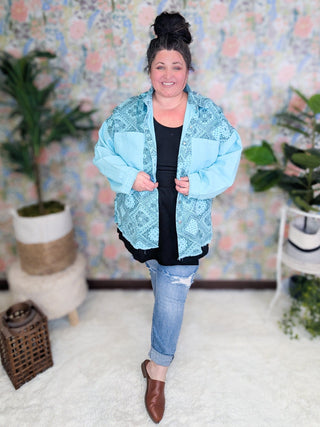 Wren Paisley Print Jacket in Aqua Mint-4- Overlayer Tops-pol-Styled by Stacked - A Plus Size Women's Boutique in Lakeville, MN