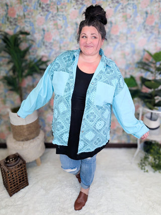 Wren Paisley Print Jacket in Aqua Mint-4- Overlayer Tops-pol-Styled by Stacked - A Plus Size Women's Boutique in Lakeville, MN