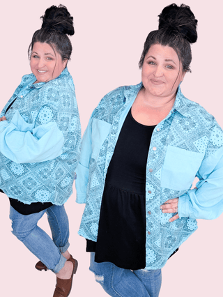 Wren Paisley Print Jacket in Aqua Mint-4- Overlayer Tops-pol-Styled by Stacked - A Plus Size Women's Boutique in Lakeville, MN