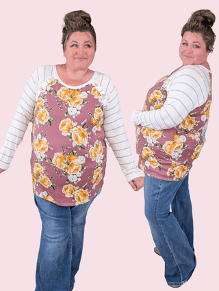 Yolanda Mauve Floral Raglan Top w/Striped Long Sleeves-2- Long Sleeve Tops-HAPTICS-Styled by Stacked - A Plus Size Women's Boutique in Lakeville, MN