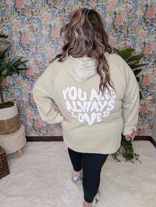 You Are Always Loved Mineral Sage Hoodie-6- Graphic Tops-SEW IN LOVE-Styled by Stacked - A Plus Size Women's Boutique in Lakeville, MN