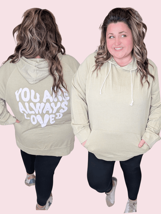 You Are Always Loved Mineral Sage Hoodie-6- Graphic Tops-SEW IN LOVE-Styled by Stacked - A Plus Size Women's Boutique in Lakeville, MN