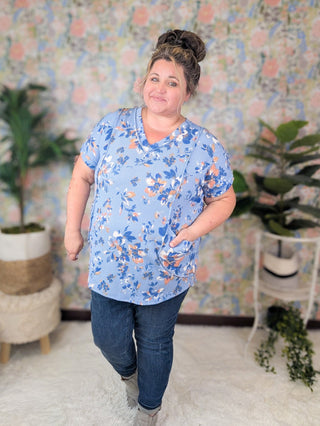 Yvonne Urban Ribbed Top in Floral on Denim Blue-1- ShortSlv/Slvless Tops-HEIMISH-Styled by Stacked - A Plus Size Women's Boutique in Lakeville, MN