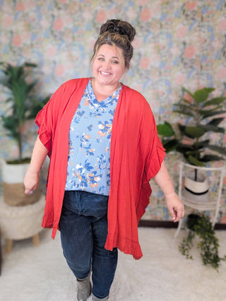 Yvonne Urban Ribbed Top in Floral on Denim Blue-1- ShortSlv/Slvless Tops-HEIMISH-Styled by Stacked - A Plus Size Women's Boutique in Lakeville, MN