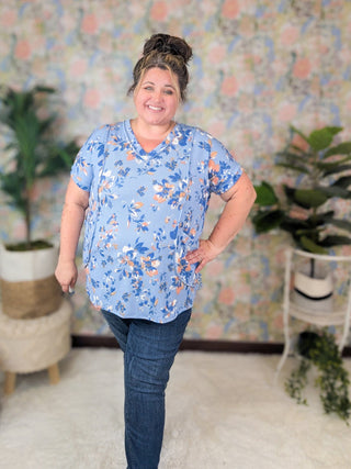 Yvonne Urban Ribbed Top in Floral on Denim Blue-1- ShortSlv/Slvless Tops-HEIMISH-Styled by Stacked - A Plus Size Women's Boutique in Lakeville, MN