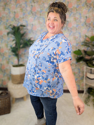Yvonne Urban Ribbed Top in Floral on Denim Blue-1- ShortSlv/Slvless Tops-HEIMISH-Styled by Stacked - A Plus Size Women's Boutique in Lakeville, MN