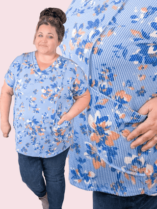 Yvonne Urban Ribbed Top in Floral on Denim Blue-1- ShortSlv/Slvless Tops-HEIMISH-Styled by Stacked - A Plus Size Women's Boutique in Lakeville, MN