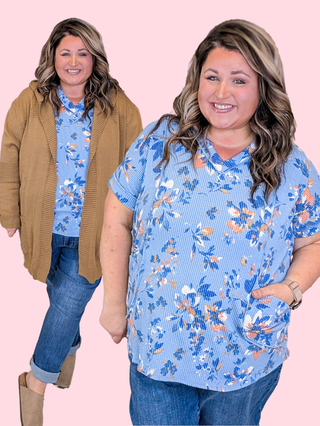 1- ShortSlv/Slvless Tops Yvonne Urban Ribbed Top in Floral on Denim Blue plus size clothing