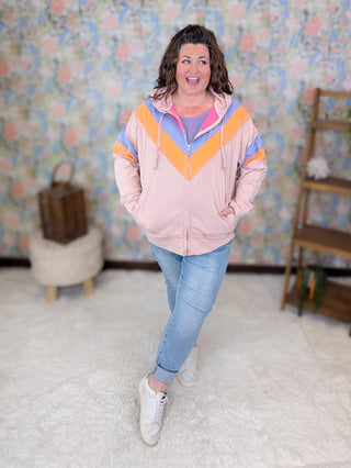 3- Hooded Tops Ziggy Retro Look Blush Full Zip Lightweight Hoodie plus size clothing