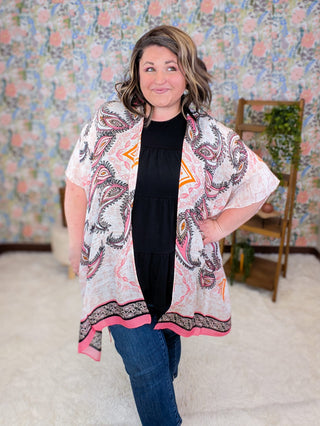 4- Overlayer Tops Zinnia Paisley Kimono in Pink, Orange + Black plus size clothing