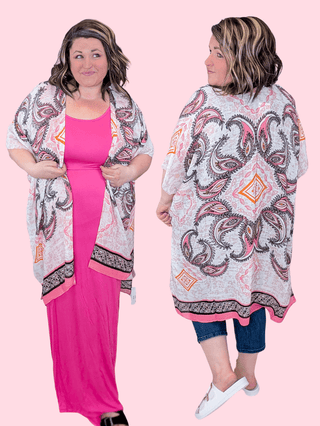 4- Overlayer Tops Zinnia Paisley Kimono in Pink, Orange + Black plus size clothing