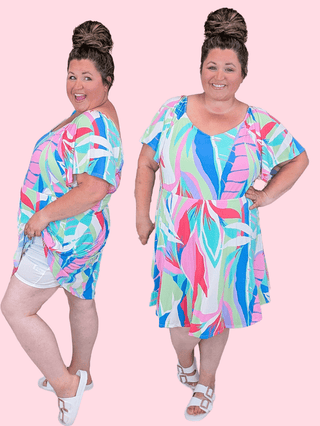 11- Dress/Romp/Jump Zoey Flutter Sleeve Dress w/Shorts in Bright Botanicals plus size clothing