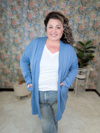Zoey Urban Ribbed Open Cardigan in Denim Blue-4- Overlayer Tops-HEIMISH-Styled by Stacked - A Plus Size Women's Boutique in Lakeville, MN