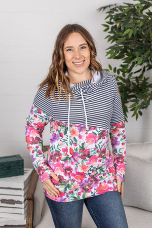 PHC- Asymmetrical Pullover Hoodie in Stripes + Floral LONG SLEEVE TOPS Michelle Mae 
