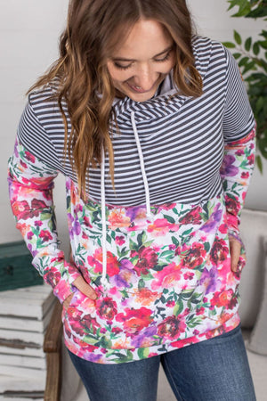 PHC- Asymmetrical Pullover Hoodie in Stripes + Floral LONG SLEEVE TOPS Michelle Mae 