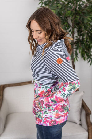 PHC- Asymmetrical Pullover Hoodie in Stripes + Floral LONG SLEEVE TOPS Michelle Mae 