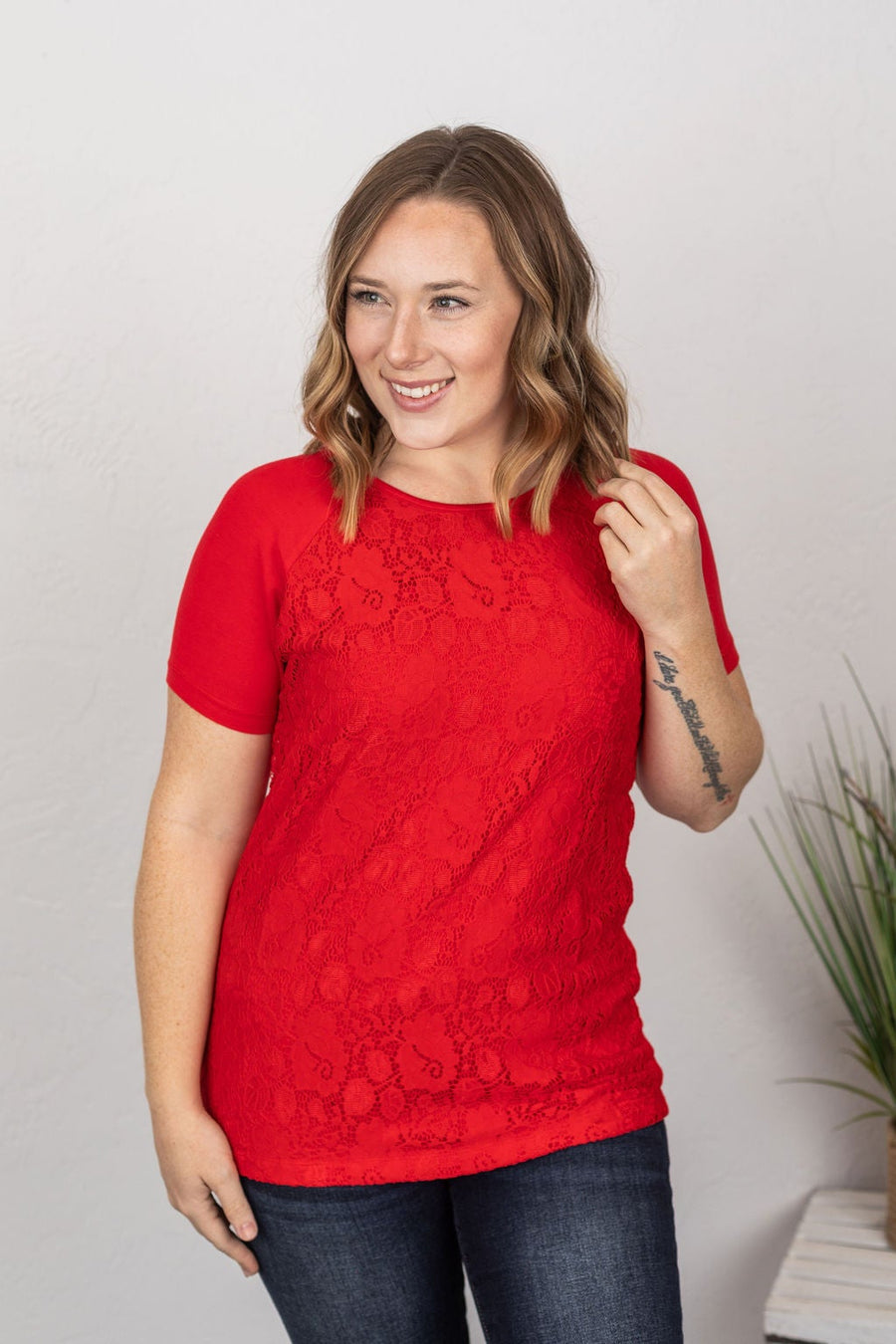 LACE FRONT SHORT SLEEVE RAGLAN TEE (more colors!) Tops Michelle Mae 