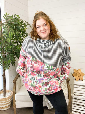PHC- Asymmetrical Pullover Hoodie in Stripes + Floral LONG SLEEVE TOPS Michelle Mae 