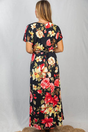 Floral Noir Wrapped Black Maxi Dress