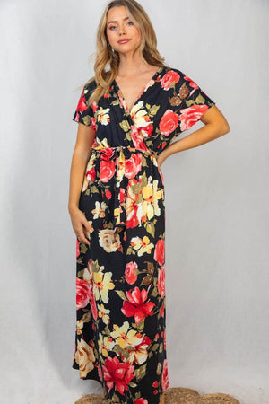 Floral Noir Wrapped Black Maxi Dress