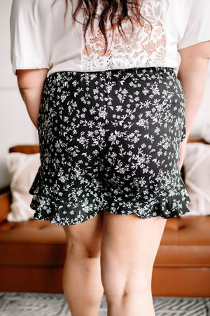 Flirty Flounce Black Floral Shorts shorts WHITE BIRCH 