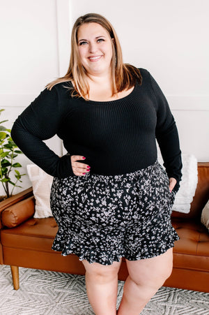Flirty Flounce Black Floral Shorts shorts WHITE BIRCH 