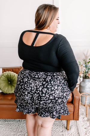 Flirty Flounce Black Floral Shorts shorts WHITE BIRCH 