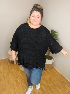 On The Attack Black Distressed Sweater Tops WHITE BIRCH 