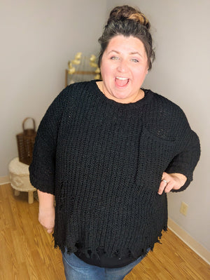 On The Attack Black Distressed Sweater Tops WHITE BIRCH 