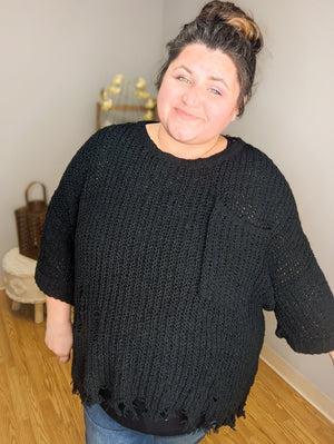 On The Attack Black Distressed Sweater Tops WHITE BIRCH 