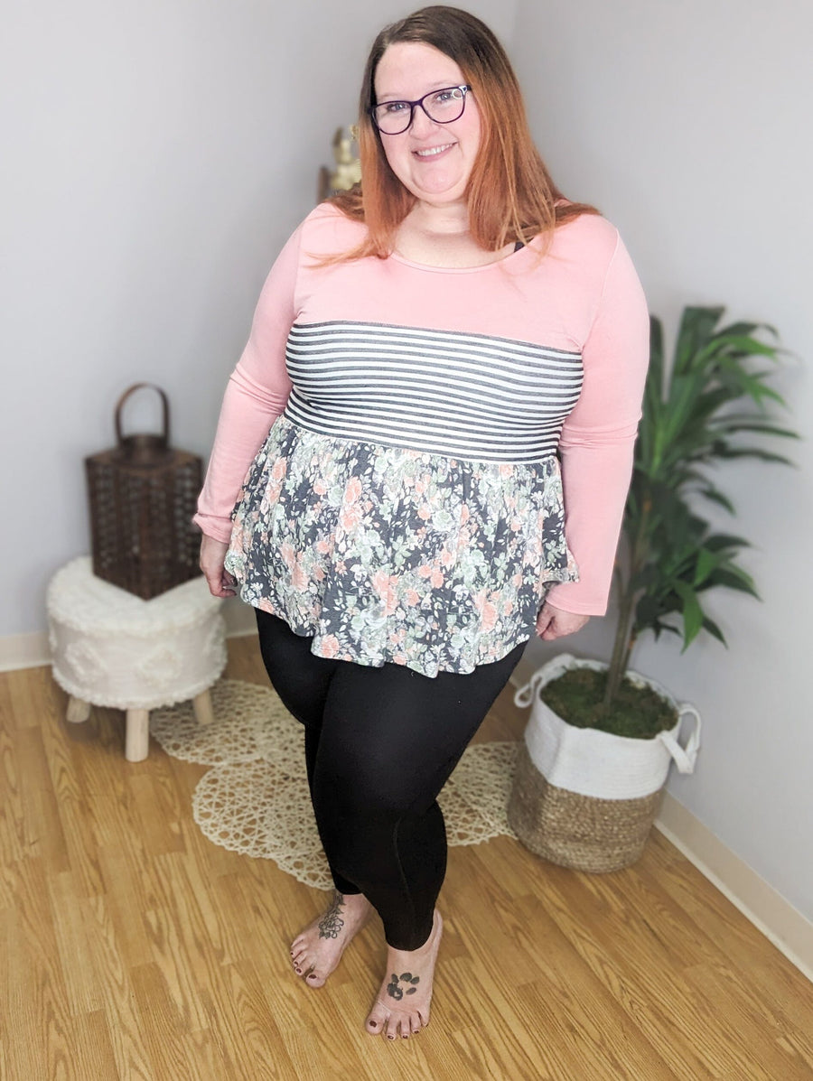 Mixed Striped And Floral Babydoll Top