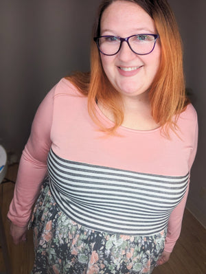 Mixed Striped And Floral Babydoll Top LONG SLEEVE TOPS BE STAGE 